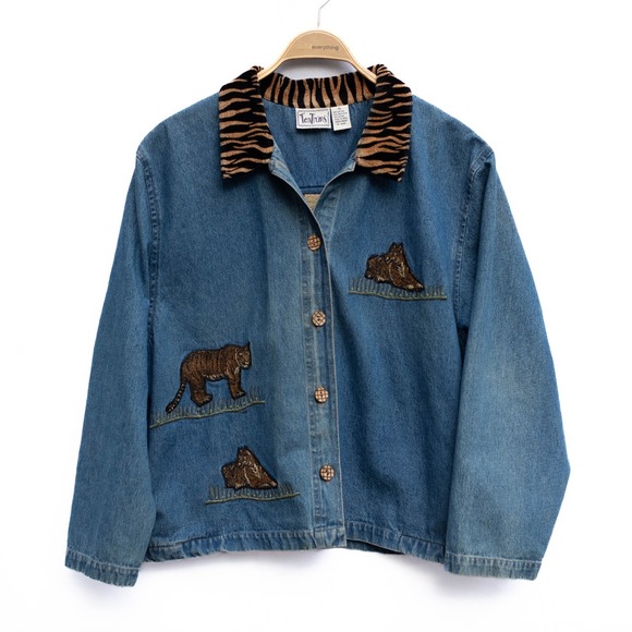 Tantrums Jackets & Blazers - Vtg Tantrums Denim Jacket Womens XL Tiger Embroidered Velvet Collar Safari India